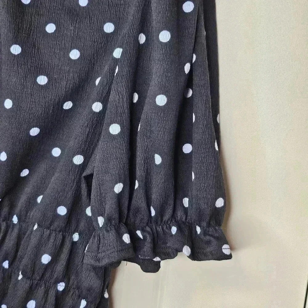 Who What Wear Blouse Black Size Large Polka Dot Puff Sleeve Smocked Casual - Picture 5 of 11